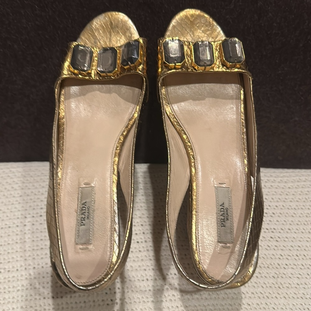 [PRADA] Gold Slingback Wedge Sandals - Picture 6 of 13